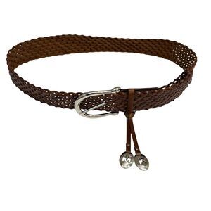 Michael Kors Belt Womens Large Woven Genuine Leather MK Silver Buckle